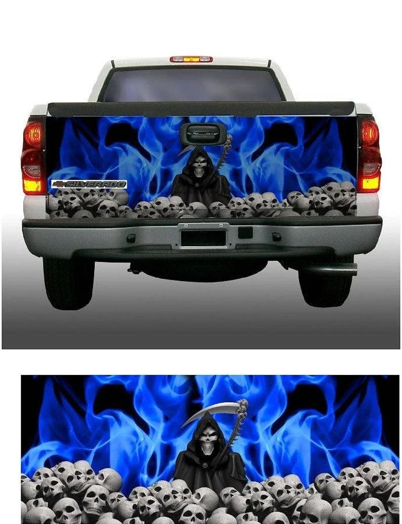 

Blue flame fire grim reaper skull pile tailgate wrap vinyl graphic decal