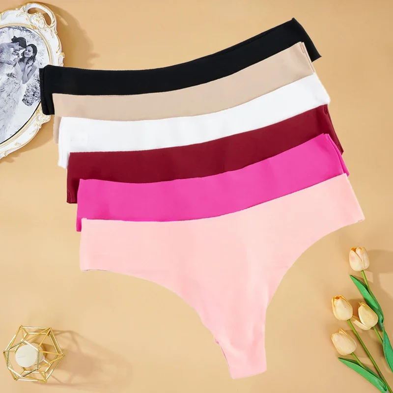 

3 Pcs/set Sexy Seamless G-string Ice Silk Panties for Women Soft Underwear Low Waist Thong Underpants Solid Color Female Lingere
