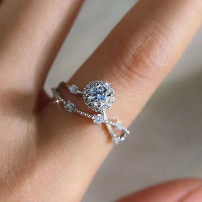 New Silver Zircon Ring Adjustable Size Engagement Rings for Women Wedding Ring Party Fashion Nice Jewelry Gift