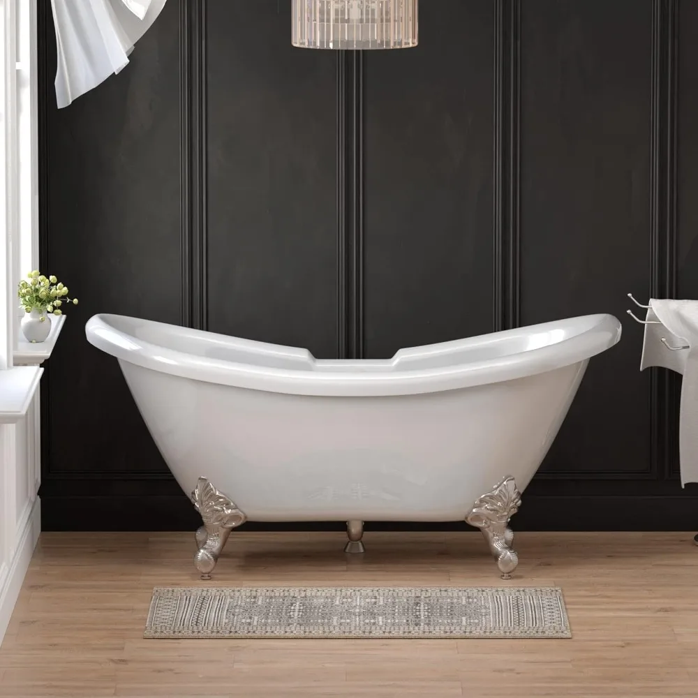 

Ванна, 68-дюймовая акриловая ванна с двумя ножками для тапочек с отверстиями для крана 7 дюймов и ножками из матового никеля, отдельно стоящая Ванна