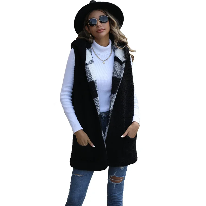 Casual Women's Hooded Sleeveless Plaid Double Sided Velvet Loose Jacket