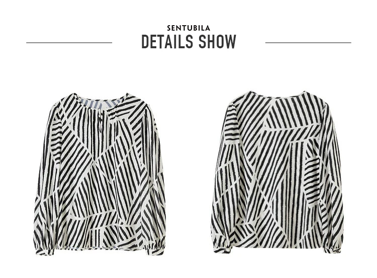 SENTUBILA Women Elegant Print Chiffon Blouses and Tops 2025 Contrast Striped Round Neck Puff Sleeve Loose Autumn Shirts 133V5130