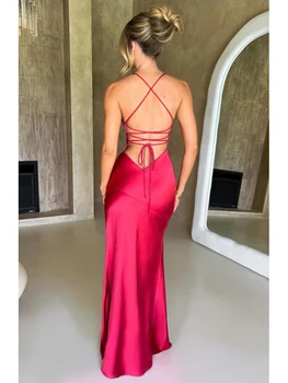 Bandage Backless Elegant Dress Split Hem Spaghetti Strap Slim Cocktail Party Club Fashion Satin Solid Lace-Up Long Dresses