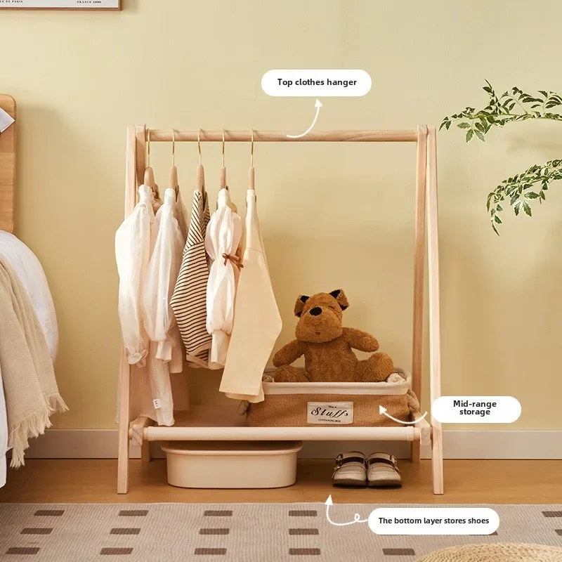 Kids Solid Wood Folding Clothes Rack Simplistic Design Coat Hanging Solution with Landing Rod Bedside Stylish Clothing Organizer