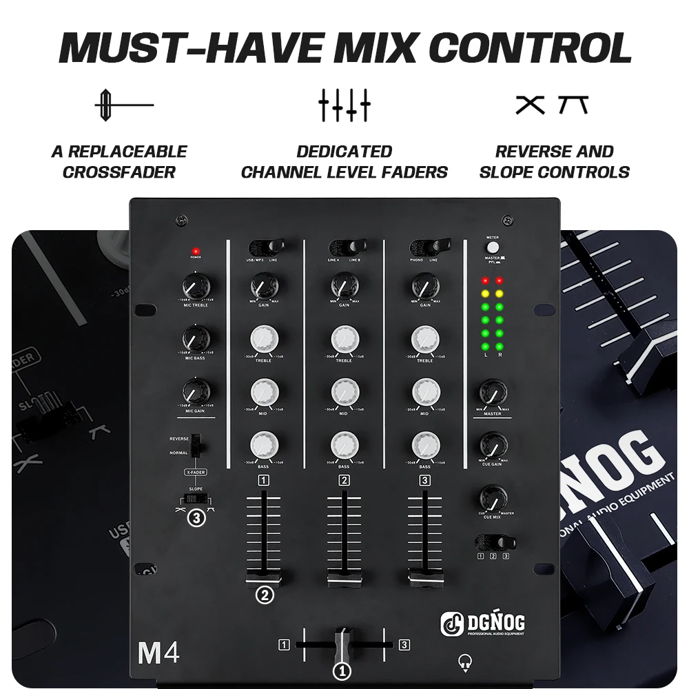 DGNOG 3-Channel DJ Mixer with Built-In Audio Interface 3-Band EQ Microphone Input and Replaceable Crossfader with Slope Control