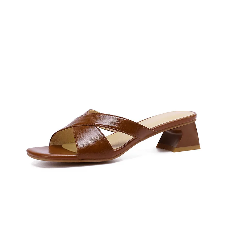 

Size 33-42 Mules Shoes Women Leather Retro High Heels Summer Shoes For Women Sandals 2023 Fashion Slippers Home Slides