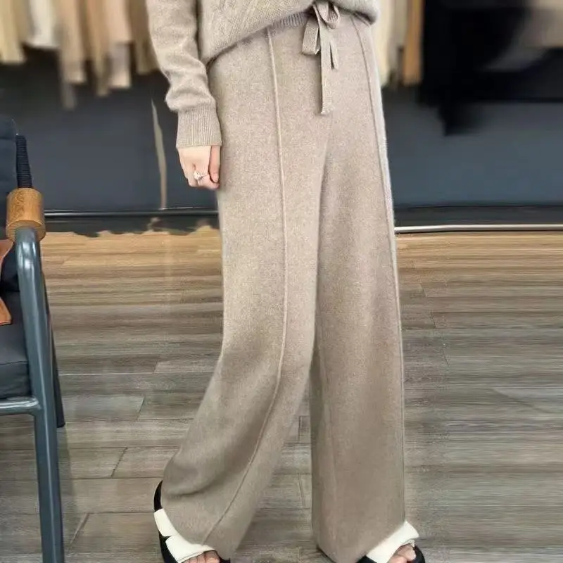 Knitted Wide Leg Pants Women Autumn Winter Thickened High Waist Drip Feeling Imitate Cashmere Pants Straight Casual Pants 1