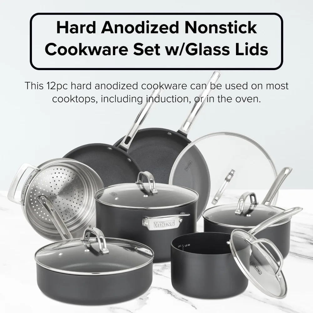12pc Hard Anodized Nonstick Cookware Set w/Glass Lids (Set Includes: 10" Fry, 12" Fry w/Lid, 2 Qt Sauce w/Lid, 3 Qt Sauce w/Lid 2