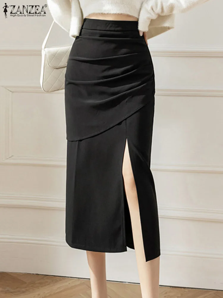 

Женская драпированная Юбка-миди ZANZEA с Боковым Разрезом, модные элегантные сексуальные юбки с высокой талией