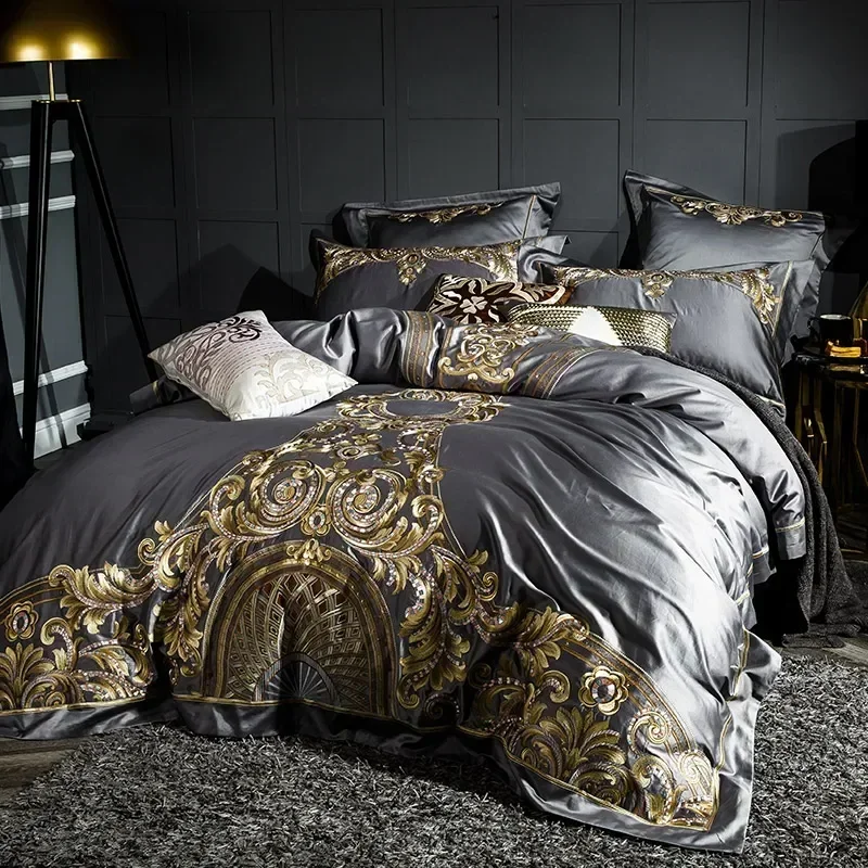 Luxury Gray Red 1000TC Satin Egyptian Cotton Bedding set Gold Royal Embroidery Queen King Duvet Cover Bed Linen/sheet Pillowcase - Image 2
