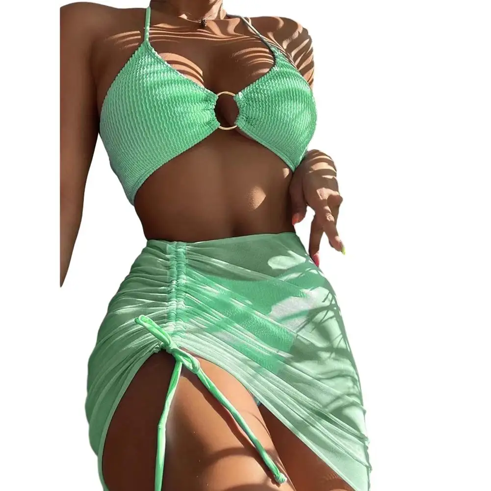 Bathing Suit Bikini Set Daily Leisure Elastic Halterneck Lace-up Metal Ring Solid Color Three-Piece Fashionable