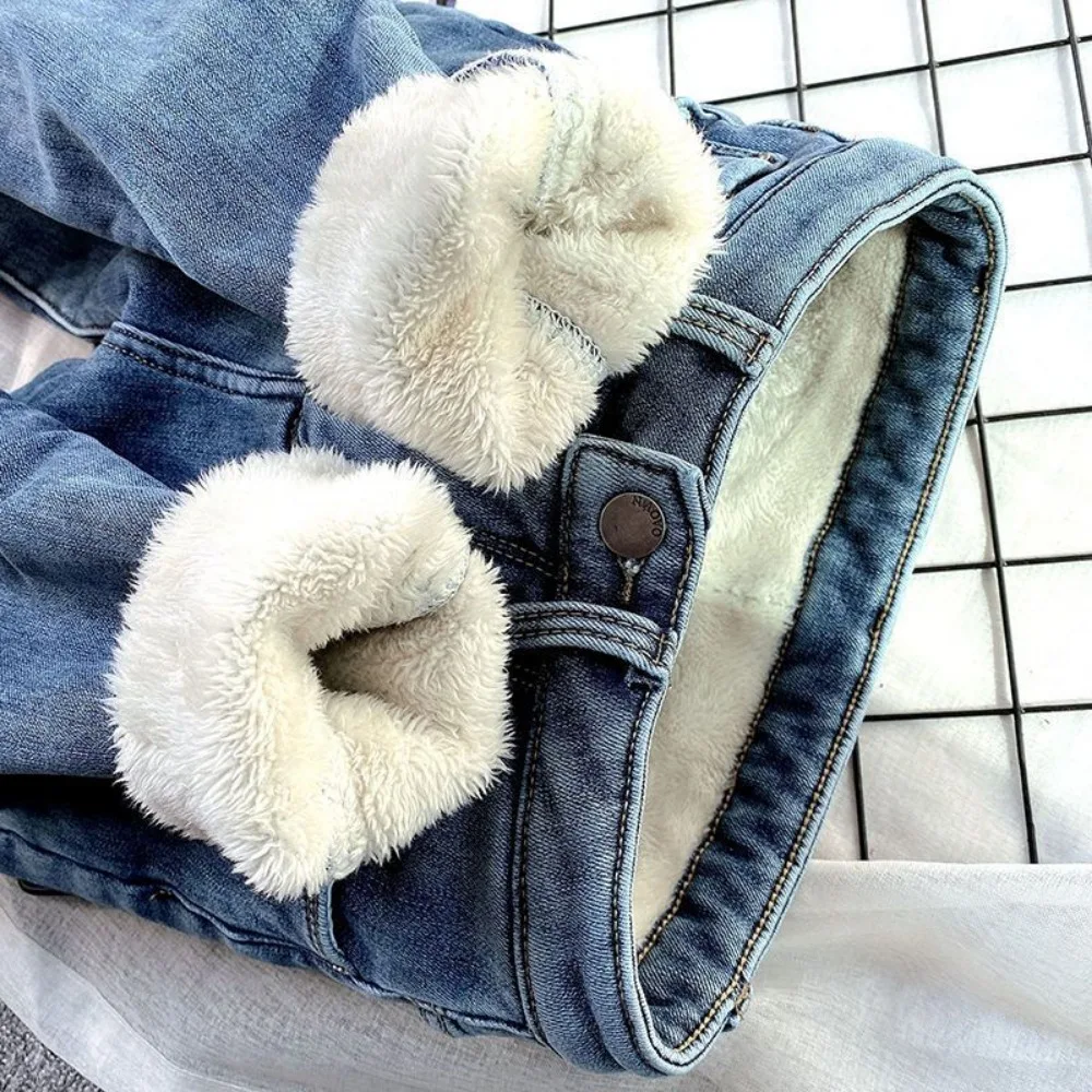 High Waist Winter Denim Pencil Pants Fashion Thick Fleece Skinny  Women Black Grey Vintage Cashmere Jeans Female Womens Clothing
