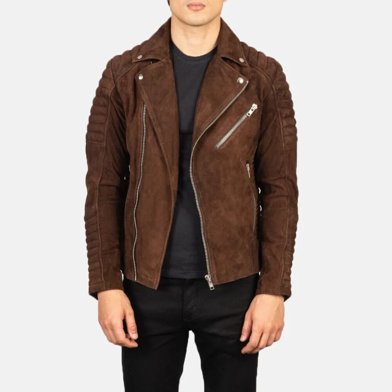 Men's Brown Suede Leather Jacket Quilted Biker Real Lambskin Suede Jacket