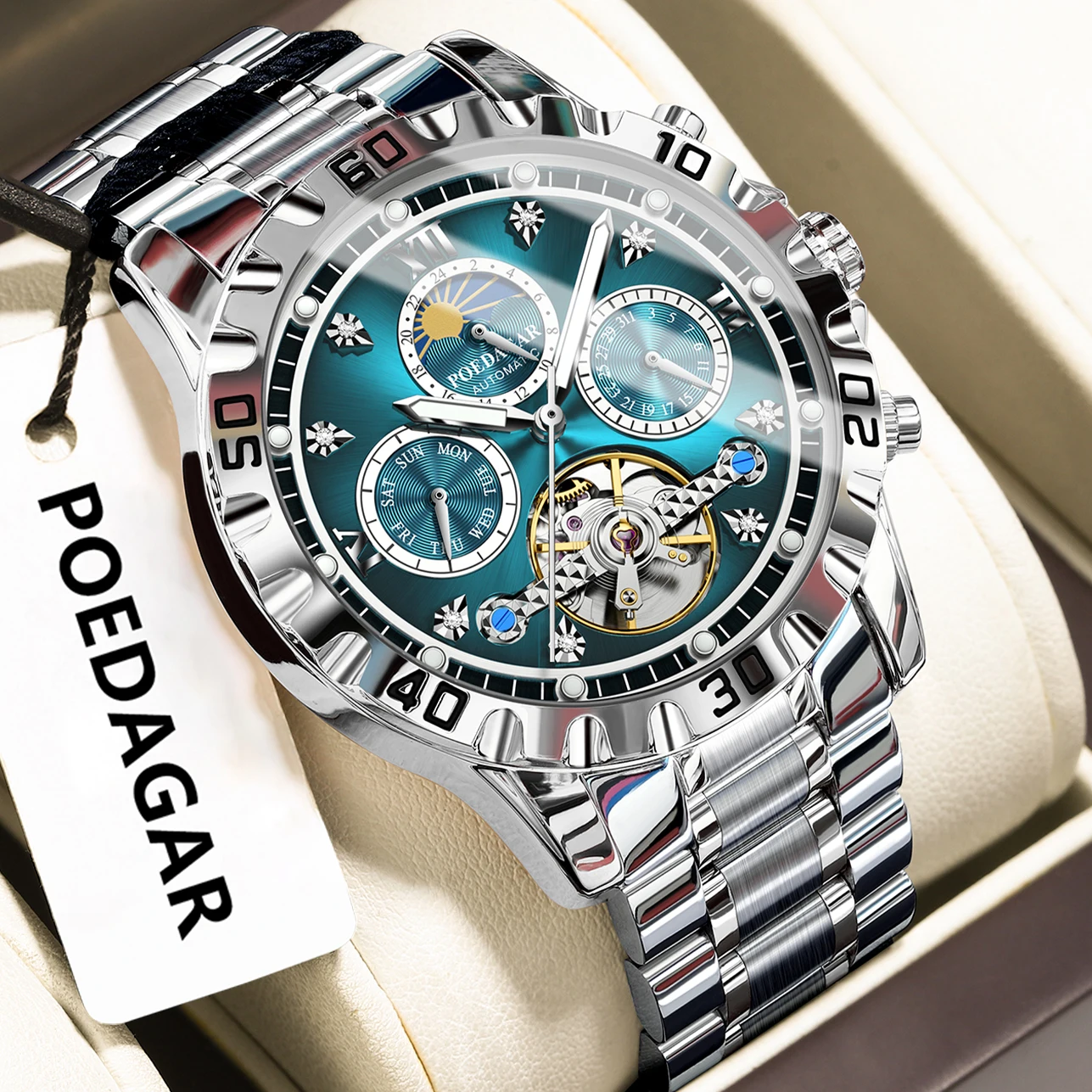 Reloj de hombre de lujo militar, mecánico, resistente al agua, con tourbillon hueco, automático, de acero inoxidable + caja._voghion.com
