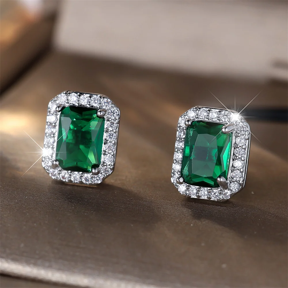 Luxury Crystal Green Zircon Square Stone Small Stud Earrings For Women Vintage Silver Color Versatile Jewelry Wedding Party Gift