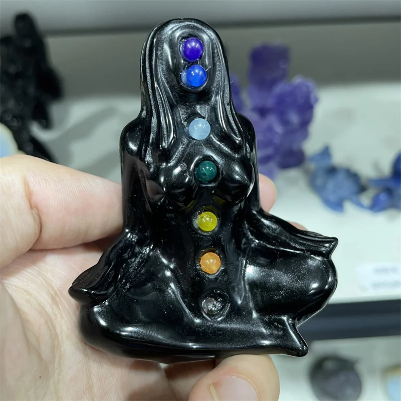 Natural Obsidian Seven Chakras Yoga Woman Statue Carved Woman Gem Body Sculpture Energy Healing 1pcs