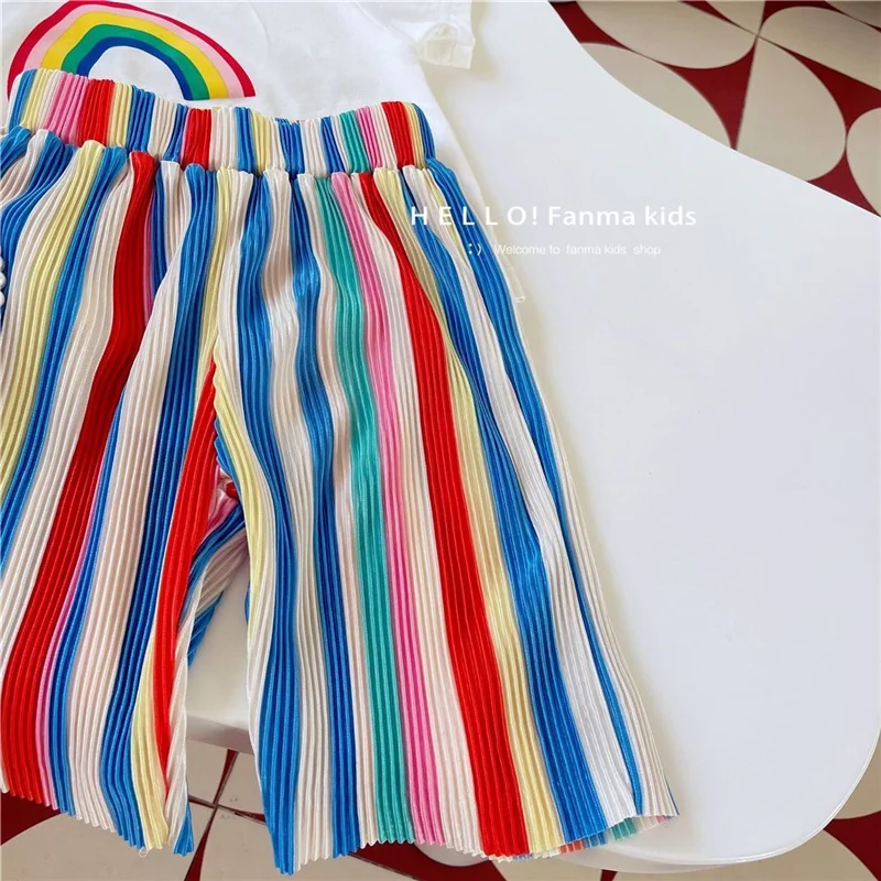 Girls T-shirt Sets Summer Children Clothing Suits Kids Rainbow Print Short Sleeve Outfits Teen Thin Tops+Pants 2Pcs 2-8 Years - 6