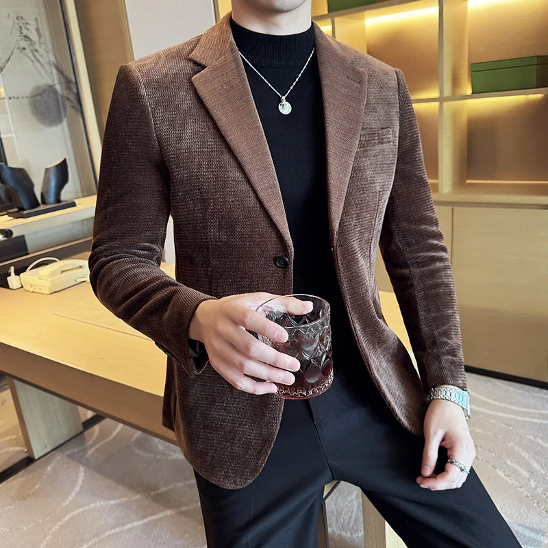 Chenille Blazer Jackets For Men Korean Popular Clothes Plain Color Mens Casual Blazers Slim Fit Business Formal Wear Suit Coats