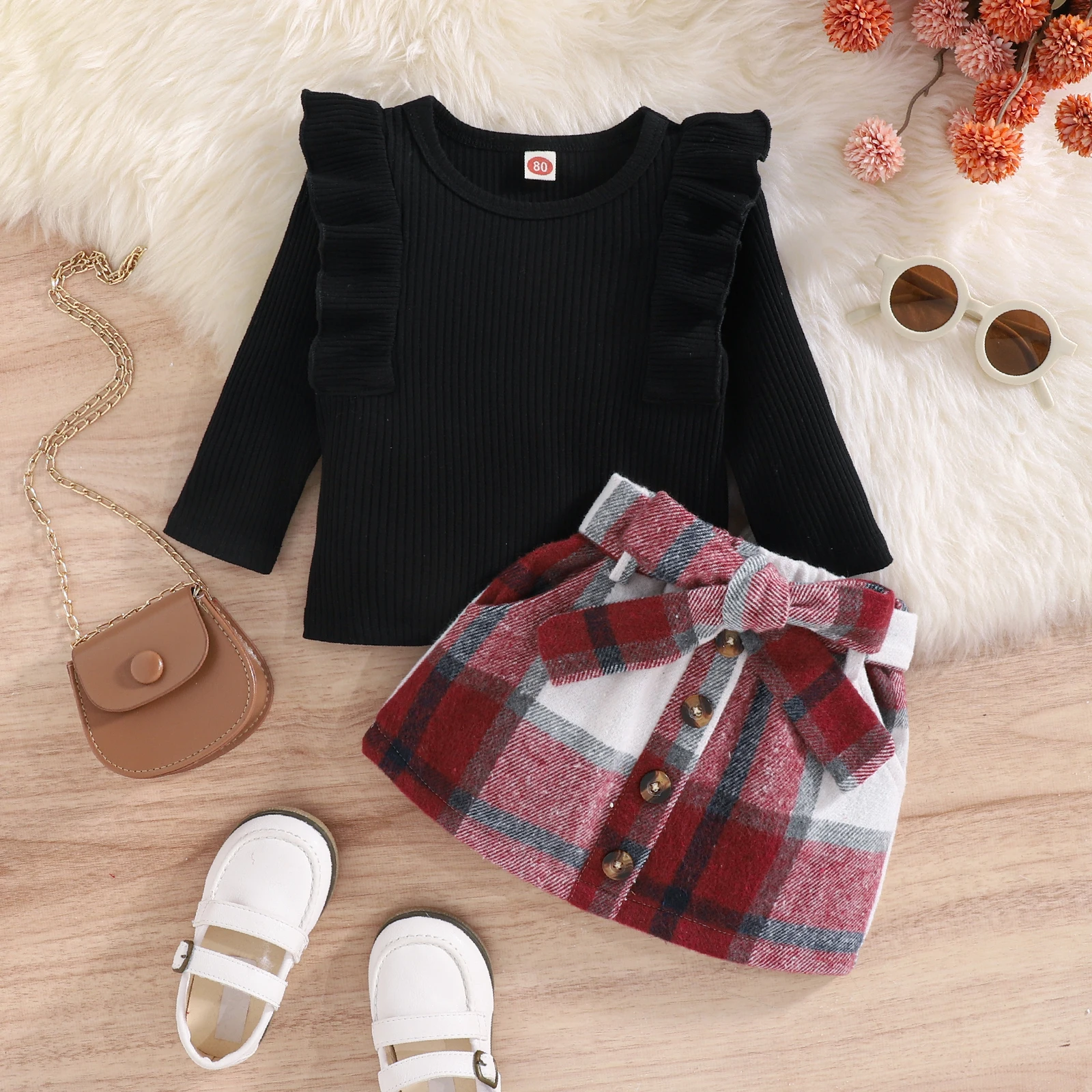 Citgeett Autumn Kids Toddler Girls Outfit Sets Solid Color Long Sleeve Ribbed Tops + Plaid Skirt Belt Spring Clothes