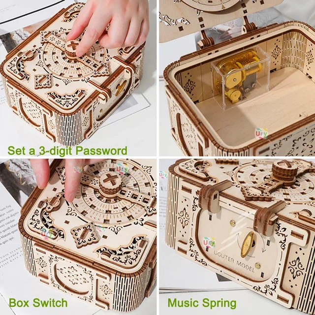 URY 3D Wooden Puzzle Music Antique Password Treasure Box Lockbox DIY Advanced Assembly Model Toys Creative Gift for Lady Girls 3