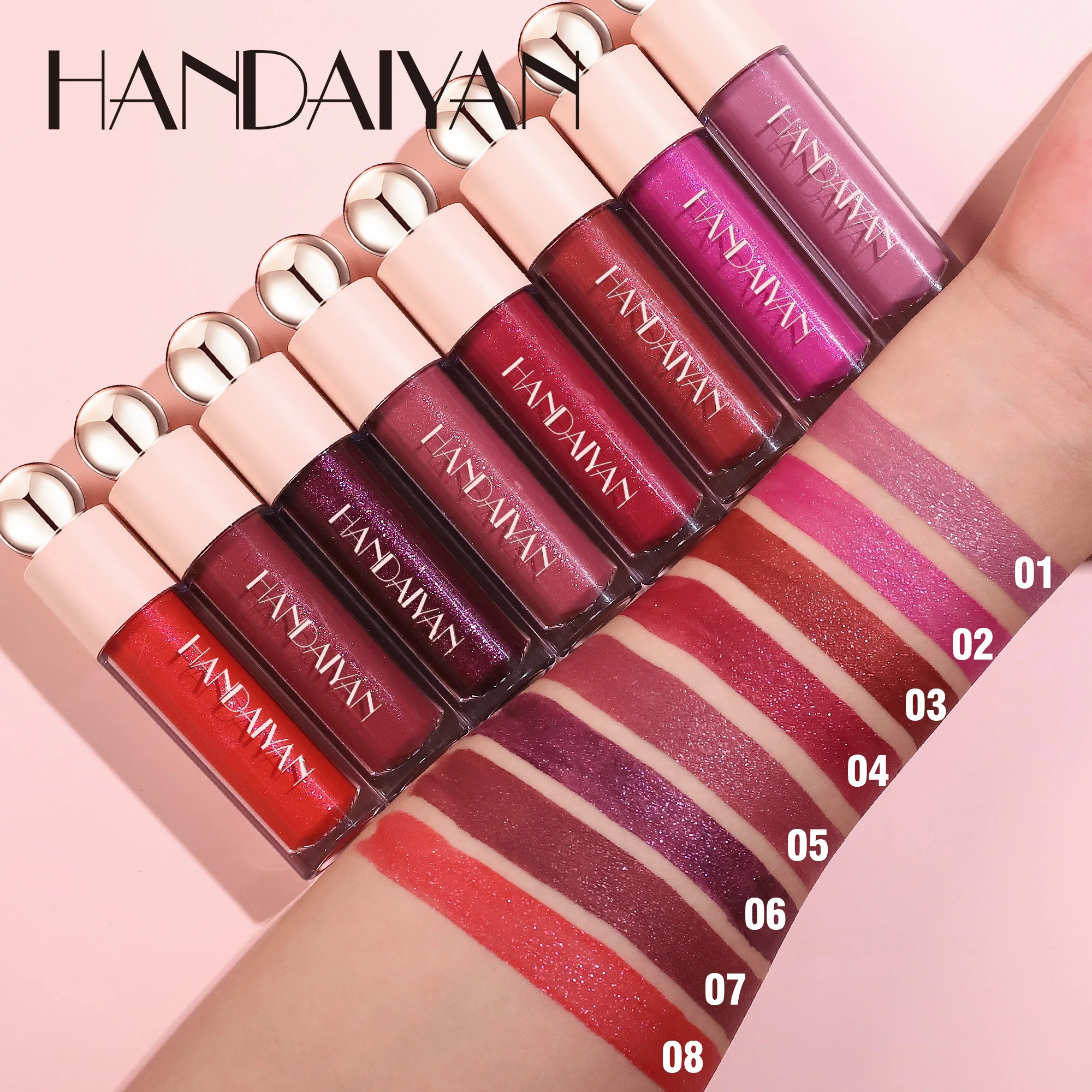 HANDAIYAN 8 Shades of Glitter Lip Gloss Metallic Natural Non-stick Cup Long-Lasting Waterproof Liquid Lipstick Party Cosmetics 3