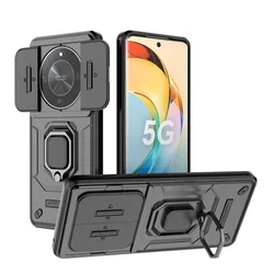 Magnetic Slide Armor Ring Phone Case with Silicone Bumper Back Cover for honor X9B (Black)