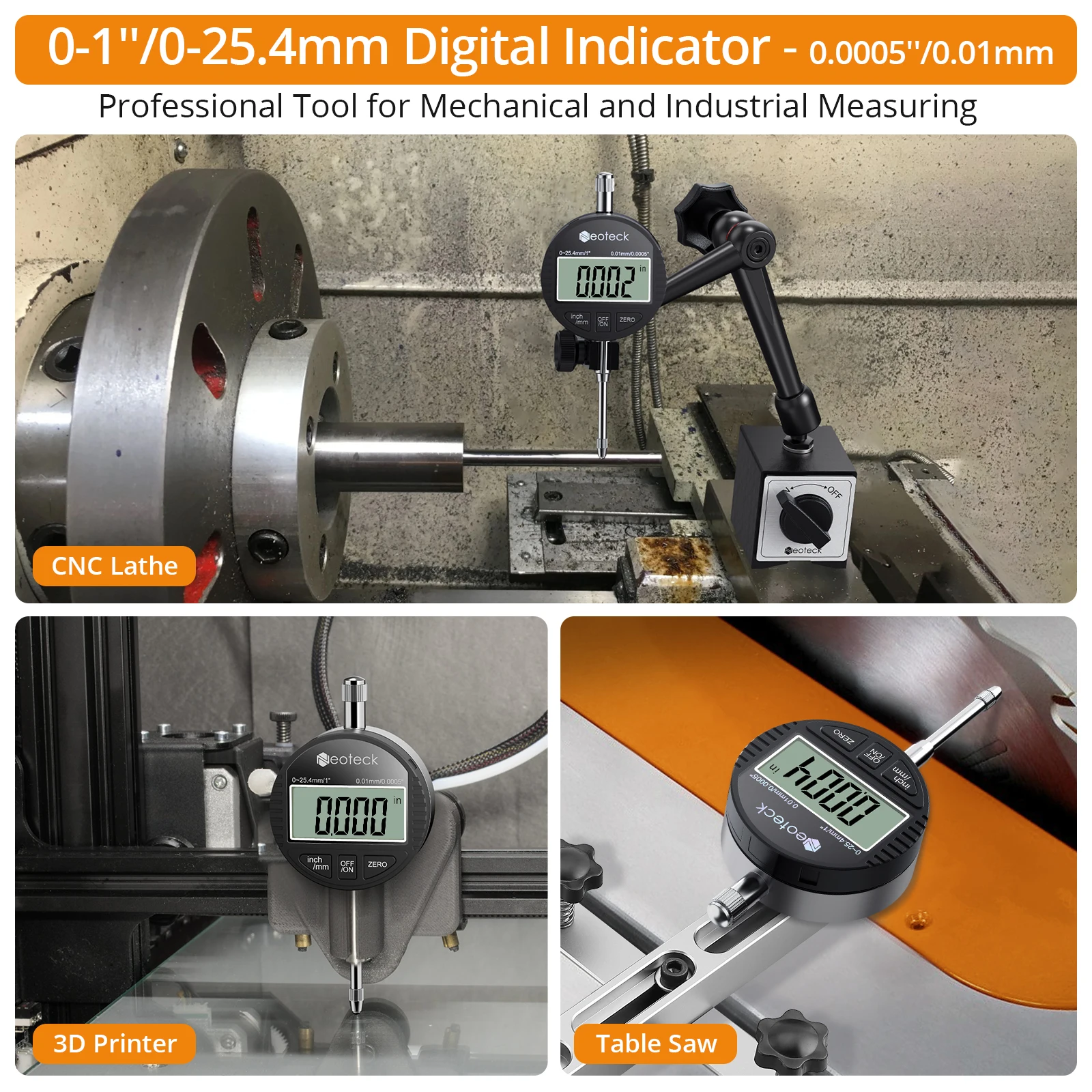 Neoteck DTI Digital Dial Indicator 0.01/0.0005'' Digital Probe Indicator Dial Test Gauge Range 0-25.4mm/1'' Dial Test Indicators