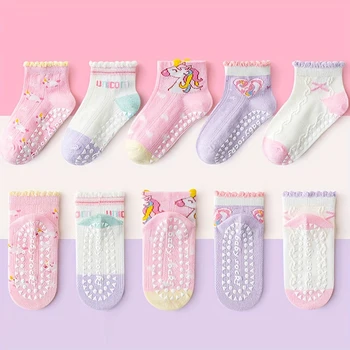 5 Pairs of Kidsren's Floor Socks with Lace Glue, Heart Unicorn Pattern, Boys and Girls, Baby Toddler Soft-Soled Shoes, Indoor Non-Slip Rainbow Pony Mid-Calf Socks, Suitable for Casual Daily Life 1