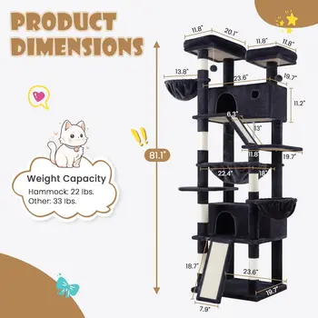 81in Multi-Level Tall Cat Tree Tower for Indoor Kitties/Larger Cat Condo Furniture with Hammock/Cozy Pussycat Perches 2