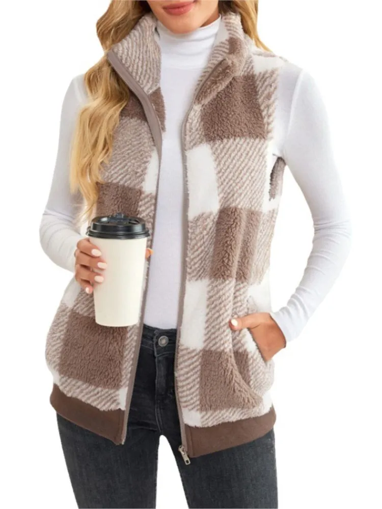Autumn Winter Plaid Fleece Hoodie Vest Women's Cardigan Fashion Stand Collar Simple Casual Pocket Sleeveless Female Office Coat 3
