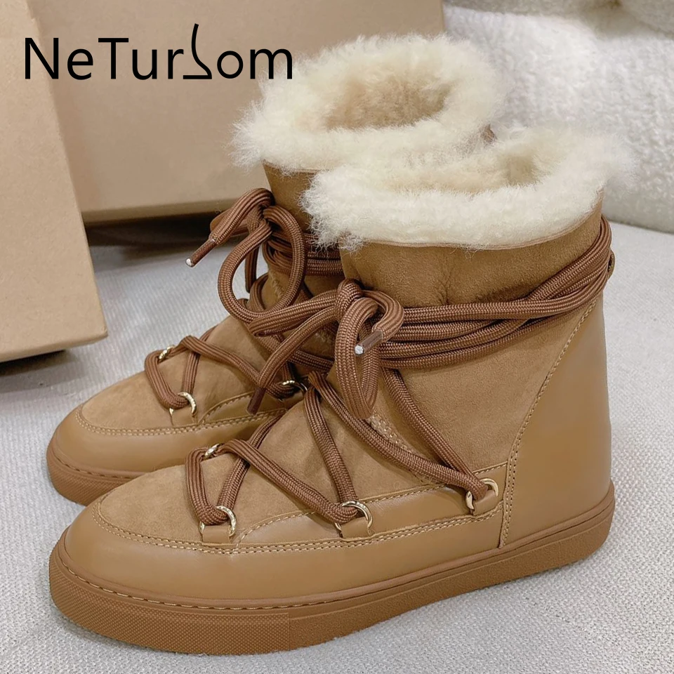 

Winter Thickened Two-Sided Sheepskin Fur Really Women's Ankle Boots Flat Short Boot With Straps Snow Boots Casual Driving Shoes