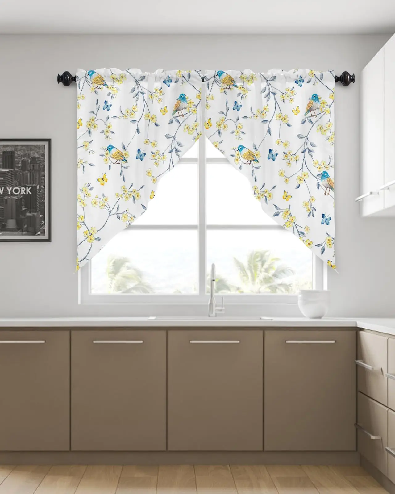 Floral Botanical Rod Pocket Kitchen Valance Curtains Yellow Floral Branch Scalloped Swag Curtains Living Room Bathroom Window 4