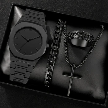 1/4PCS Creative Middle East Arabic Numerals Quartz Watch Business Wristwatch Cross Necklace Bracelet Ring Set (Without Box)