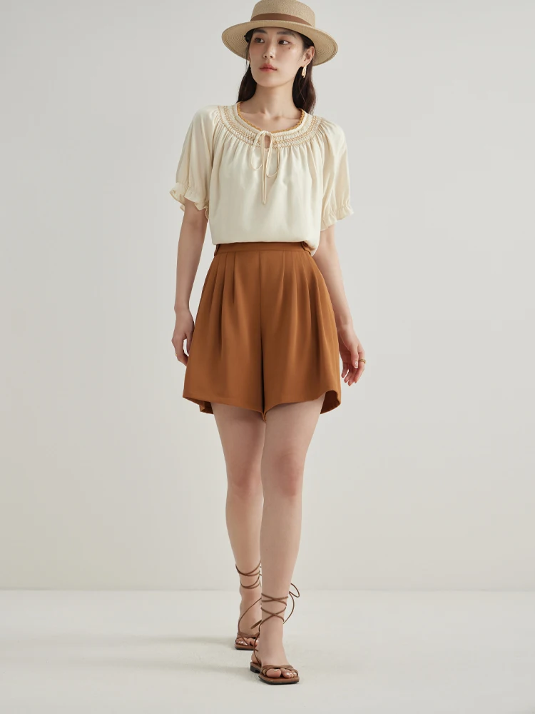 DUSHU Casual Versatile Design Pleated Women Shorts 2024 Summer New Arrival High Waist Slim Shorts For Female 24DS82362