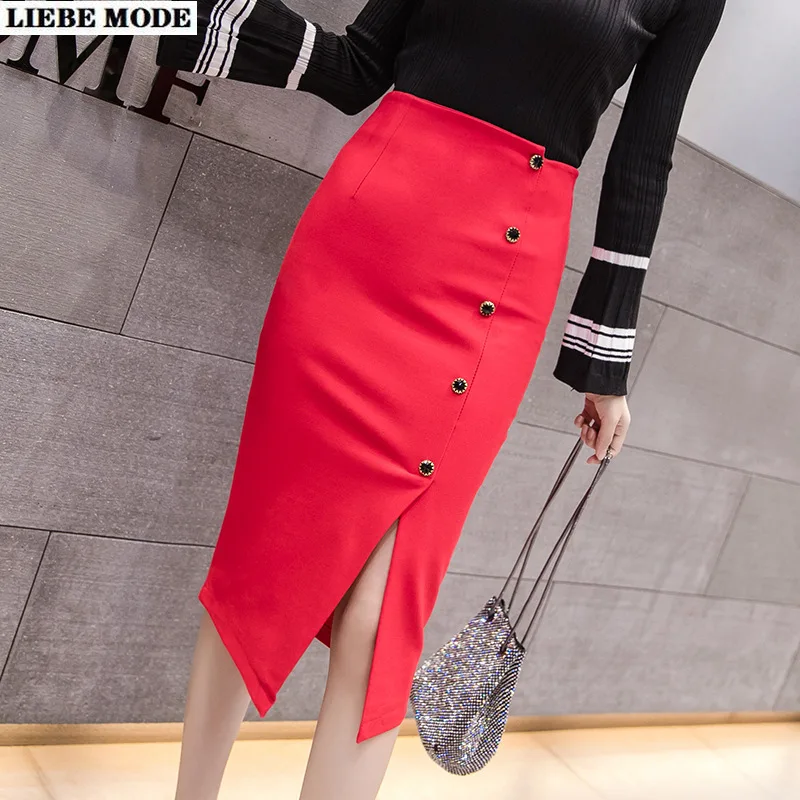 

4XL 5XL Ladies Office High Waist Skirts Fashion Sexy Side Split Bodycon Red Black Pencil Skirt Womens Spring Summer
