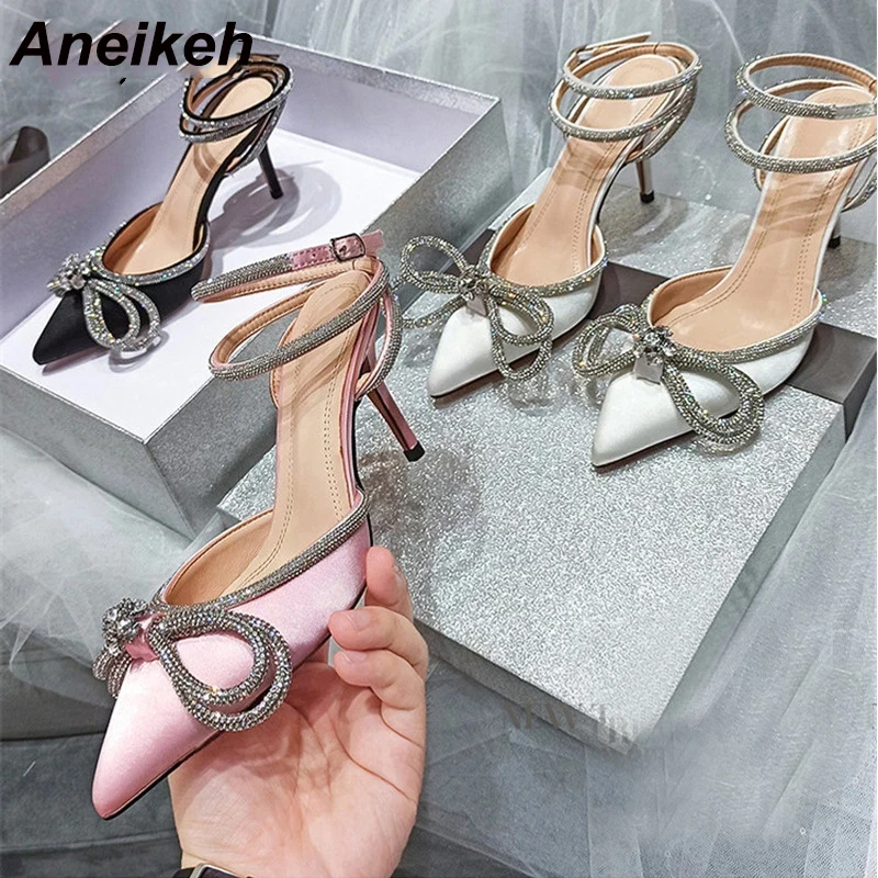 Aneikeh PVC Style Glitter Rhinestones Women Pumps Crystal Bowknot Satin Lady Silk High Heels Party Shoes 2025 Spring Size 35-42