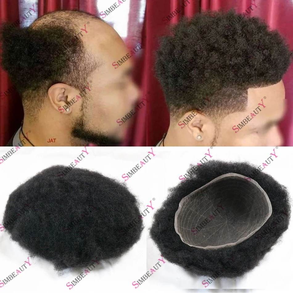 

Full Lace Afro Kinky Curly Bomb Hairstyle 100% Human Hair Men Wig for Black 8"x10" Breathable Base Hair Replacement System