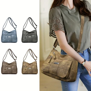 Elegante borsa a tracolla Hobo con motivo a griglia retrò, borsa a tracolla da donna con texture lavata e tracolla regolabile per lo shopping