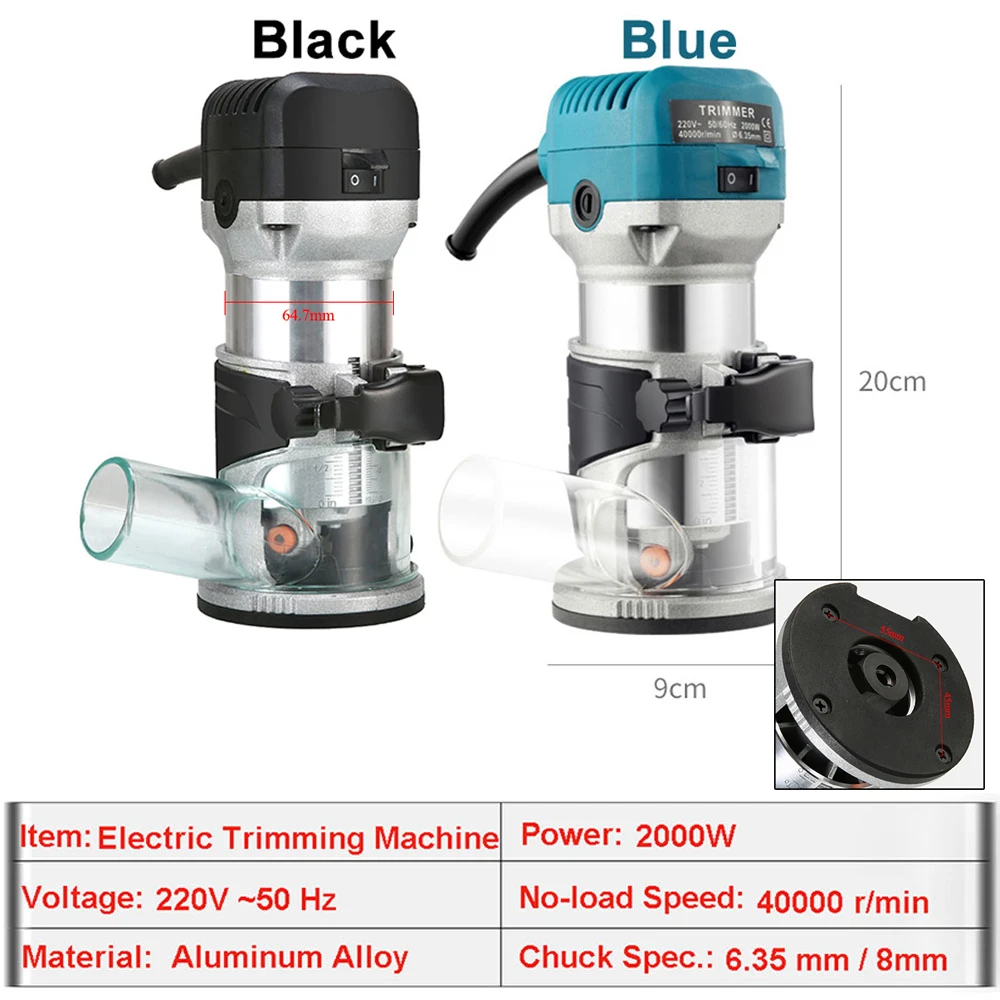 220V 2000W Electric Trimmer router 6.35mm & 8mm Woodworking Wood Milling Engraving Slotting Trimming Machine Hand Carving Router 5