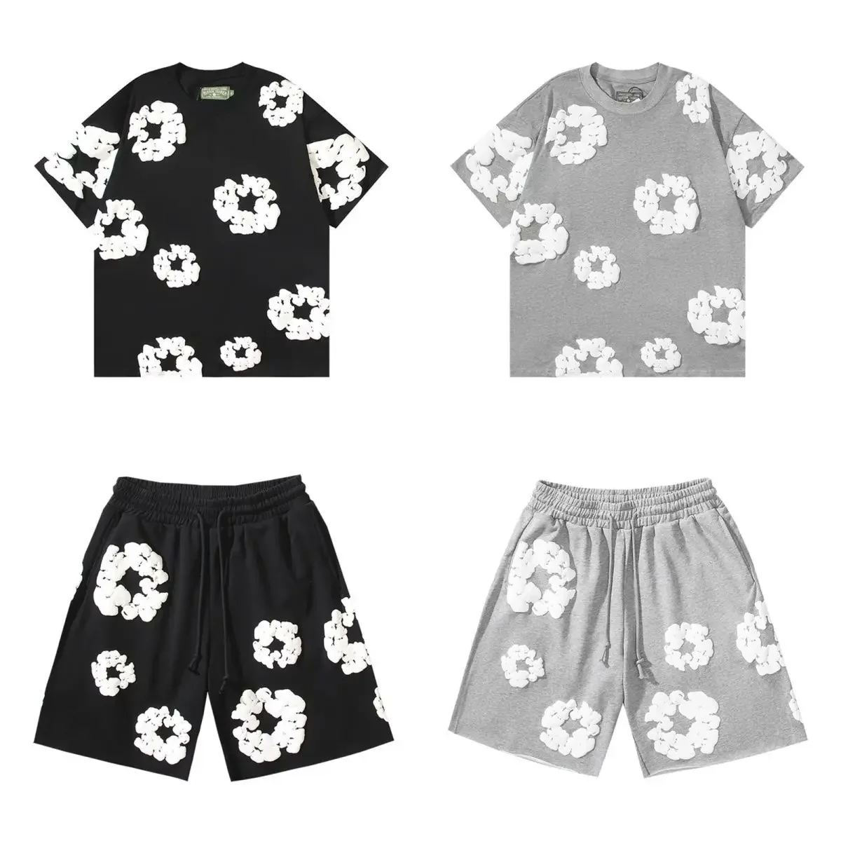 DENIM TEARS New Fashion Men's Women's Same Kapok Foam Printing Short-sleeved T-shirt with Shorts Set 5
