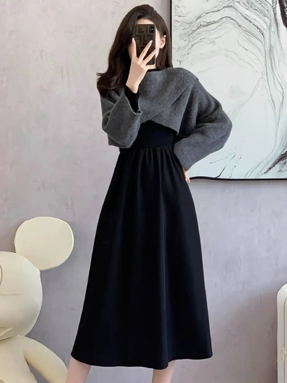 الفرنسية أنيقة كسول نمط قصير محبوك سترة التفاف المرأة الخريف الشتاء جديد ملابس داخلية قاعدة طبقة فستان قطعتين مجموعة