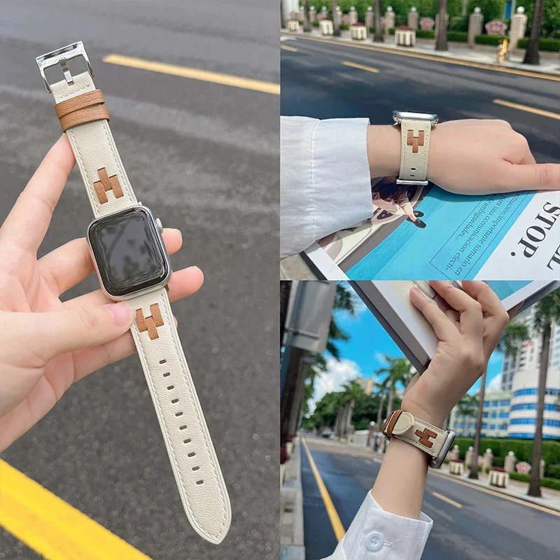 

Genuine Leather Strap For Apple Watch Band Ultra 2 49mm 45mm 44mm 42mm 41mm 40mm 38mm Business Casual Bracelet iwatch 9 8 7 6 SE