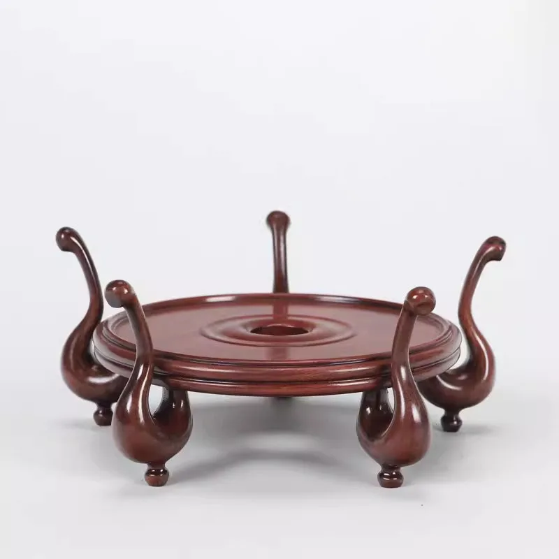 Red wood carving swan Shape Bonsai Pot Vase base solid wooden circular jade stone base of ceramic furnishing article