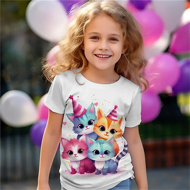 Girls' 3D Cat T-Shirts Short Sleeve Print Summer Active Fashion Tee Cute Polyester Kids 3-14 Years Outdoor Birthday Casual Top children t shirt