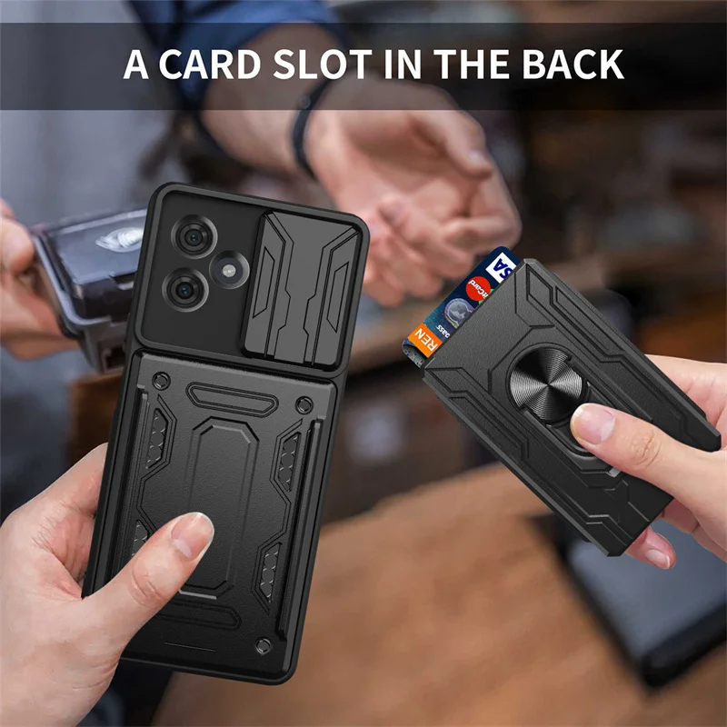 Durable Shockproof Armor Case with Card Holder & Slide Lens Protector
