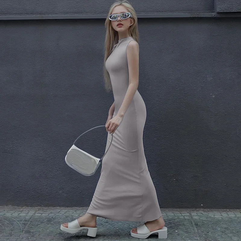 Vestido largo liso sin mangas para mujer, ajustado, con hombros descubiertos, elegante, ajustado, para fiesta, de verano