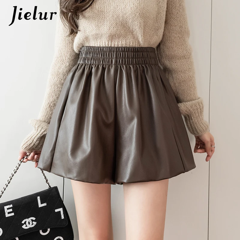 Mini Shorts Women Autumn Winter Chic Korean Elastic High Waist PU Leather Shorts Female Coffee Loose A-line Shorts S-XXL