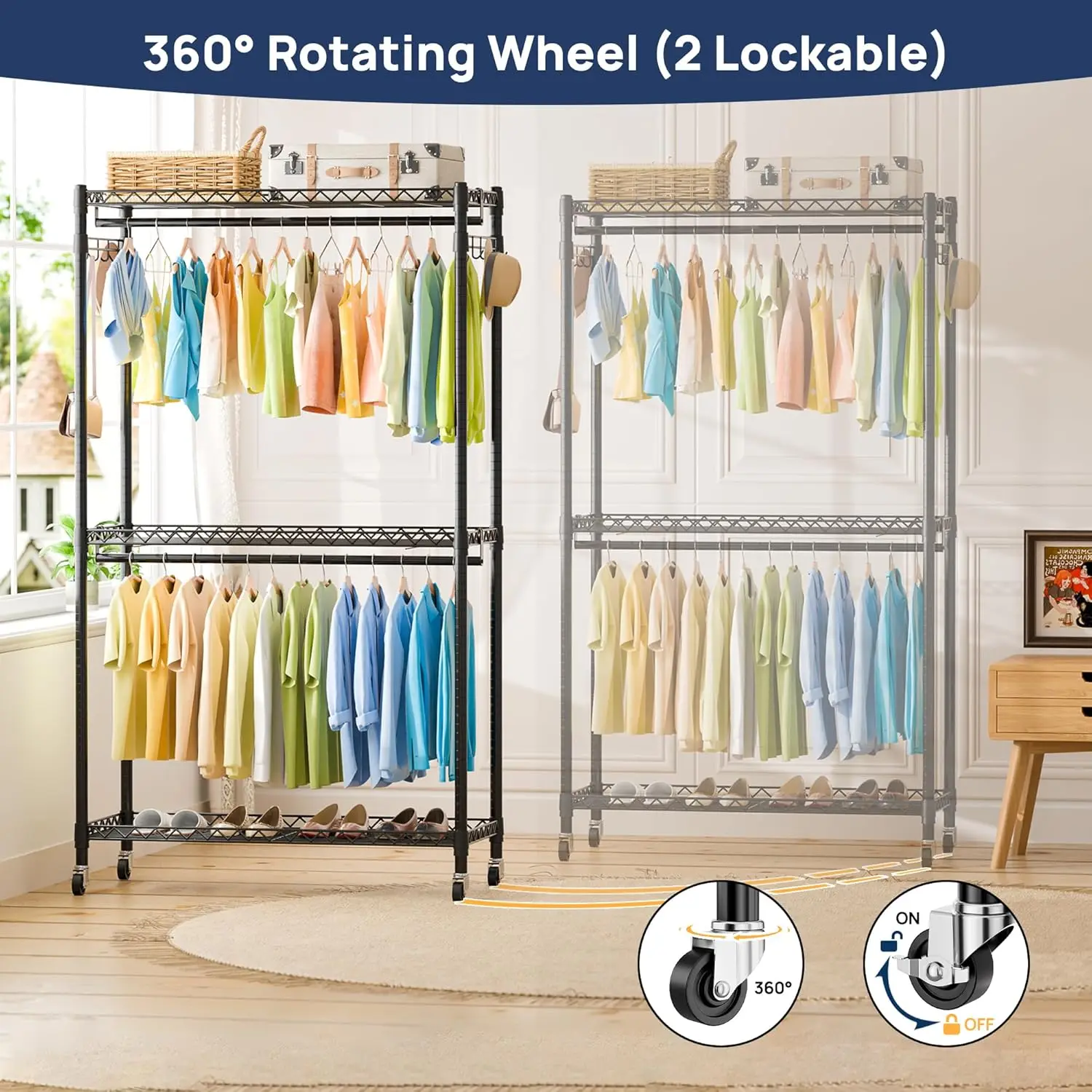 Heavy Duty Metal Clothes Rack with Lockable Wheels, 3-Tier Adjustable Garment Clothing Rack for Hanging Clothes, Wardrobe