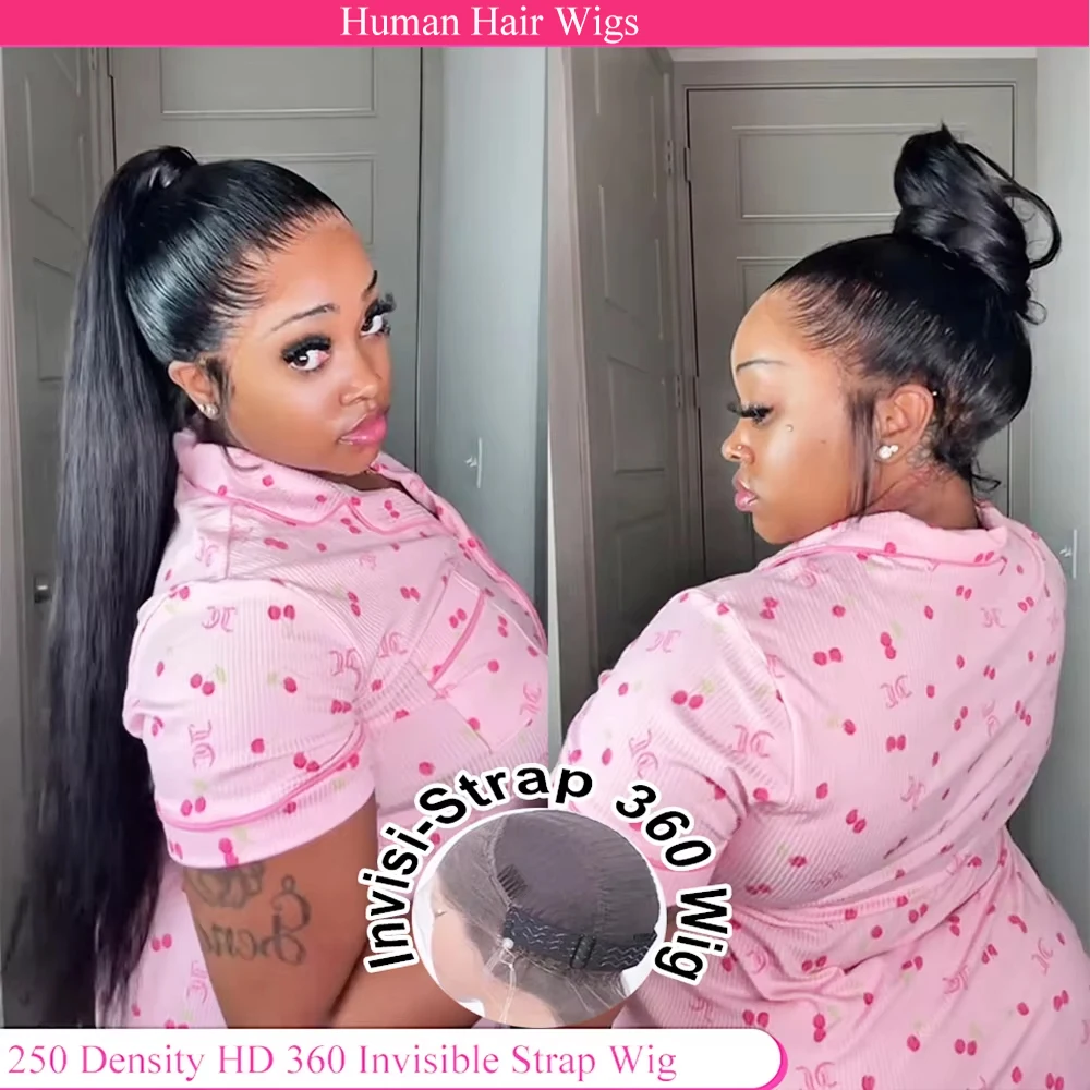 Invisible Strap HD 360 Full Lace Wig Human Hair 250 Density Wig Bone Straight Pre cut 360 Lace Front Wig Glueless Wig Human Hair