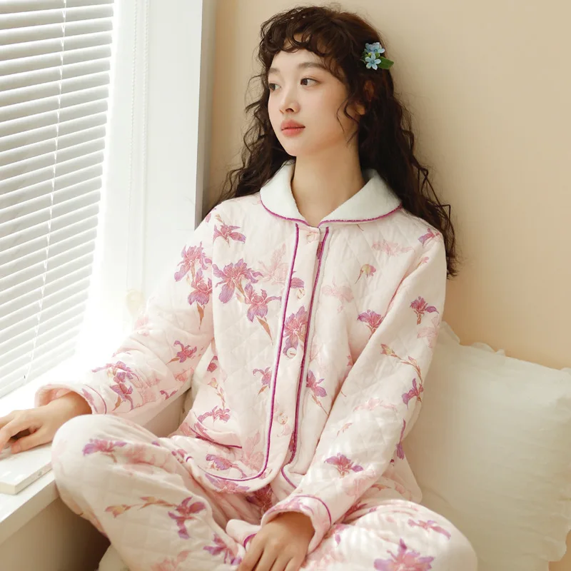 Pajama women's autumn and winter air cotton, pure cotton, winter cotton clip, new thickened and loose fitting home clothing set warm cotton clothes autumn and winter new fashion trend korean loose students simple and versatile pure color cotton clothes